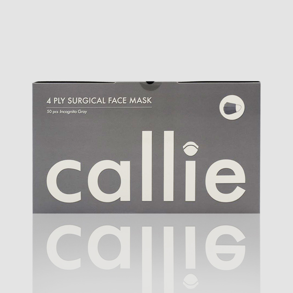 Callie Mask: A box of 50, 4-ply surgical face mask made in Malaysia, in colour Incognito Gray
