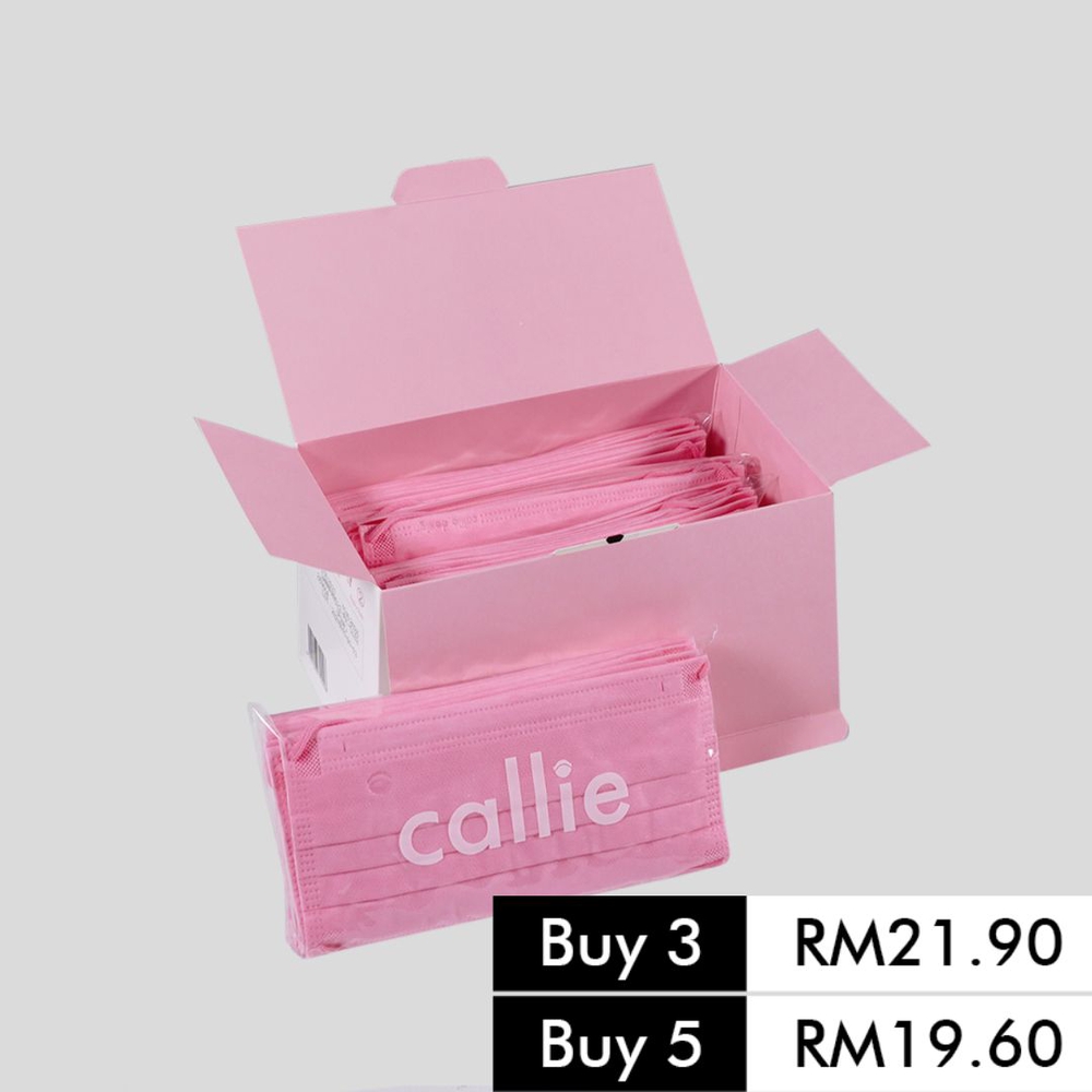 Callie Mask: A box of 50, 4-ply surgical face mask, made in Malaysia, in colour Pink Beret