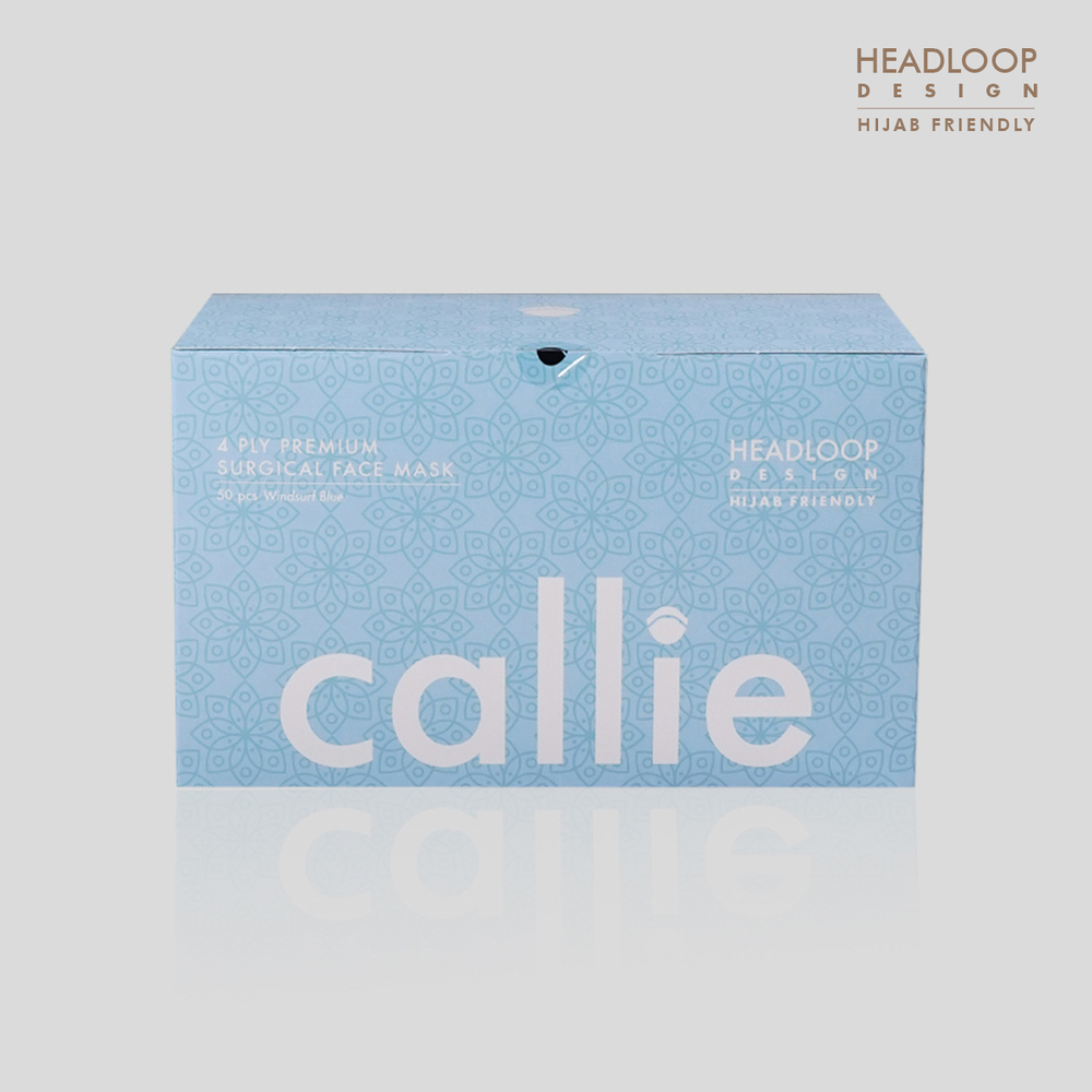Callie Mask: A box of 50, headloop 4-ply surgical face mask made in Malaysia, in colour Windsurf Blue