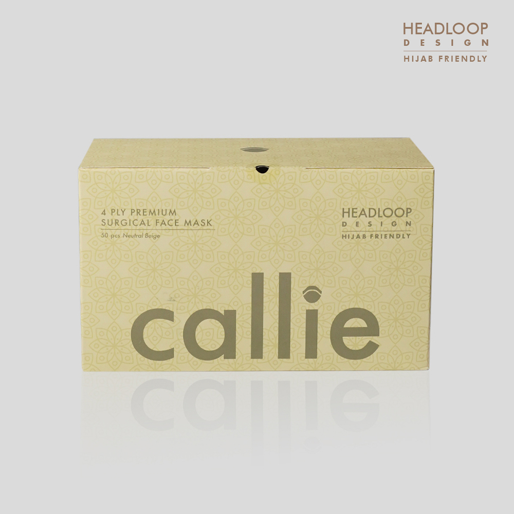 Callie Mask: A box of 50, headloop 4-ply surgical face mask made in Malaysia, in colour Neutral Beige