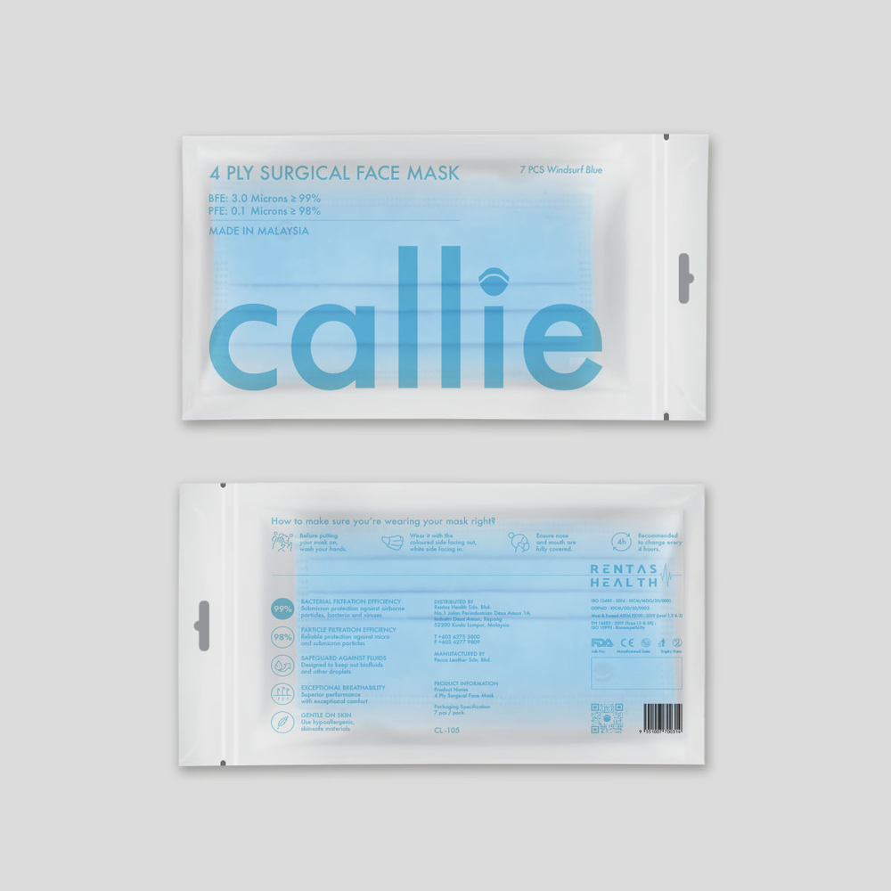 Callie Mask: 4-ply surgical face mask, made in Malaysia, in colour Windsurf Blue