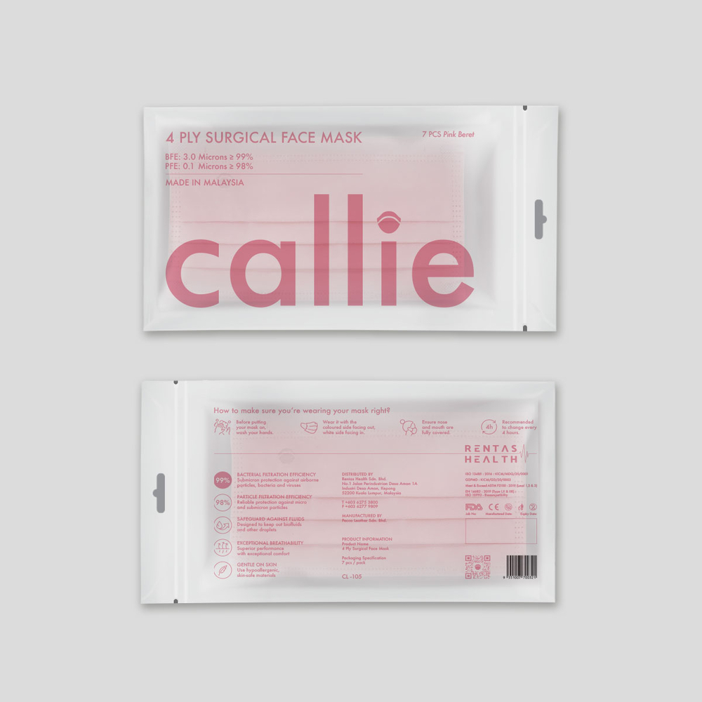Callie Mask: 4-ply surgical face mask, made in Malaysia, in colour Pink Beret